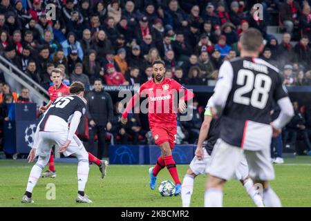 Karim Bellarabi di Leverkusen durante la partita di UEFA Champions League Group D tra Bayer 04 Leverkusen e Juventus Turin occasione della BayArena del 11 dicembre 2019 a Leverkusen, Germania. (Foto di Peter Niedung/NurPhoto) Foto Stock