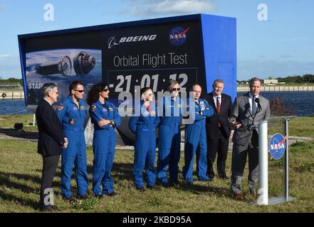 NASA Administrator Jim Bridenstine answers a question during a press briefing held by (from left) Kennedy Space Center Director Robert Cabana, NASA astronauts Josh Cassada, Suni Williams, and Nicole Mann, Boeing astronaut Chris Ferguson, NASA astronaut Mike Fincke, NASA Administrator Jim Bridenstine, and Deputy NASA Administrator Jim Morhard near the countdown clock on December 19, 2019 in advance of tomorrow's scheduled orbital flight test of Boeing's CST-100 Starliner spacecraft, at the Kennedy Space Center in Florida. (Photo by Paul Hennessy/NurPhoto) Stock Photo