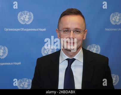 Peter Szijarto, ministro ungherese degli Affari esteri e del Commercio, partecipa alla sessione dell'Assemblea generale delle Nazioni Unite dedicata ai diritti umani presso la sede centrale delle Nazioni Unite a New York, USA, il 18 dicembre 2019. (Foto di Selcuk Acar/NurPhoto) Foto Stock