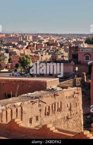 View of the village of Ouarzazate from the historic Taourirt Kasbah located in the Atlas Mountains in Ouarzazate, Morocco, Africa on 4 January 2016. The Kasbah dates back to the 19th century and has almost 300 rooms. (Photo by Creative Touch Imaging Ltd./NurPhoto) Stock Photo