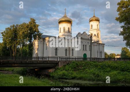 View of the ancient Cathedral of the Epiphany on a July morning. Vyshny Volochek, Russia Stock Photo