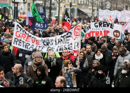 Protestors hold a banner reading 'Strike is better than a meagre pension' during a demonstration called by French national trade union General Confederation of Labour (CGT) against the pension reform on January 4, 2020, on the Place de la Republique in Paris. After 30 days of strike, unions opposed to the pension reform promise not to give respite next week to the government, before the resumption of consultations on January 7,2020. (Photo by Michel Stoupak/NurPhoto) Stock Photo