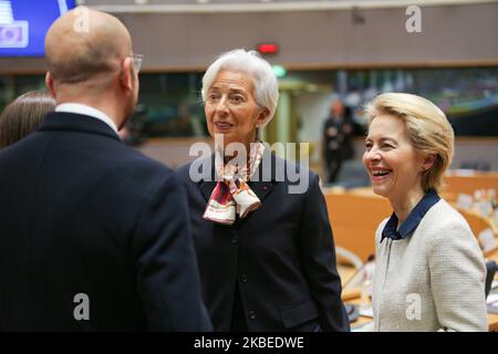 Ursula von der Leyen talking with Charles Michel President of the European Council former prime minister of Belgium and Christine Lagarde President of the European Central Bank. Ursula von der Leyen the President of the European Commission since 1 December 2019. The German politician as seen arriving and talking with EU leaders, Presidents and Prime Minister, at the roundtable during the second day of the European Council - Euro summit - EU leaders meeting at the EU headquarters in Brussels, Belgium - December 13, 2019 (Photo by Nicolas Economou/NurPhoto) Stock Photo