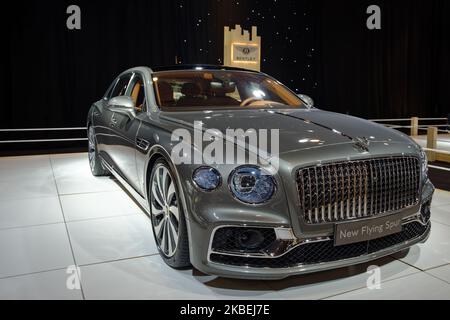 At Brussels Dream Cars Show 2020 the brand Bentley exhibits its new model Bentley Flying Spur on January 09, 2020, in Brussels, Belgium. (Photo by Daniel Pier/NurPhoto) Stock Photo