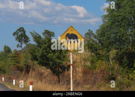 Cartello stradale Elephant Crossing visto tra Dara Saqor e Koh Kong. Sabato 4 gennaio 2020, Koh Kong, Provincia di Koh Kong, Cambogia. (Foto di Artur Widak/NurPhoto) Foto Stock