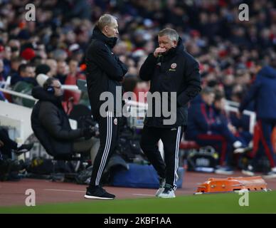 L-R Assistant Manager Alan Knill e Chris Wilder Coach di Sheffield United durante l'incontro della Premier League inglese tra Arsenal e Sheffield United il 18 2020 gennaio presso l'Emirates Stadium, Londra, Inghilterra. (Foto di Action Foto Sport/NurPhoto) Foto Stock