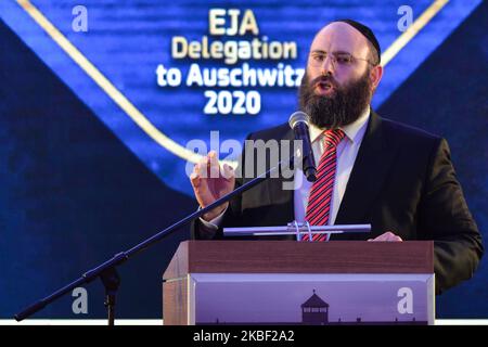 Rabbi Menachem Margolin, Presidente e fondatore dell'Associazione Ebraica europea (EJA) alla "Delegazione ad Auschwitz", evento e conferenza di due giorni nell'Holiday Inn di Cracovia. Il giorno di apertura, i membri dell'EJA e i parlamentari europei invitati hanno affrontato la necessità di un'educazione all'Olocausto in Europa come priorità assoluta. Il 20 gennaio 2020, a Cracovia, Polonia. (Foto di Artur Widak/NurPhoto) Foto Stock