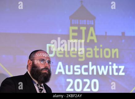 Rabbi Menachem Margolin, Presidente e fondatore dell'Associazione Ebraica europea (EJA) alla "Delegazione ad Auschwitz", evento e conferenza di due giorni nell'Holiday Inn di Cracovia. Il giorno di apertura, i membri dell'EJA e i parlamentari europei invitati hanno affrontato la necessità di un'educazione all'Olocausto in Europa come priorità assoluta. Il 20 gennaio 2020, a Cracovia, Polonia. (Foto di Artur Widak/NurPhoto) Foto Stock