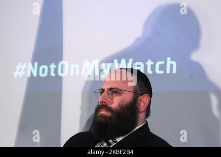 Rabbi Menachem Margolin, Presidente e fondatore dell'Associazione Ebraica europea (EJA) alla "Delegazione ad Auschwitz", evento e conferenza di due giorni nell'Holiday Inn di Cracovia. Il giorno di apertura, i membri dell'EJA e i parlamentari europei invitati hanno affrontato la necessità di un'educazione all'Olocausto in Europa come priorità assoluta. Il 20 gennaio 2020, a Cracovia, Polonia. (Foto di Artur Widak/NurPhoto) Foto Stock