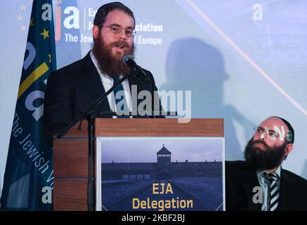 Il Rabbino Shlomo Koves, Presidente della Lega di azione e protezione, nel giorno di apertura della Delegazione ad Auschwitz, evento e conferenza di due giorni a Cracovia e ad Auschwitz. Il giorno di apertura, i membri dell'EJA e i parlamentari europei invitati hanno affrontato la necessità di un'educazione all'Olocausto in Europa come priorità assoluta. Il 20 gennaio 2020, a Cracovia, Polonia. (Foto di Artur Widak/NurPhoto) Foto Stock