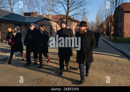 Judit Varga (3rd a sinistra), ministro della Giustizia ungherese, e Rabbi Shlomo Koves (1st a destra), presidente della Lega di azione e protezione, camminano all'interno del cancello dell'ex campo di concentramento nazista di Auschwitz i, durante un secondo giorno dell'evento "Delegazione ad Auschwitz". Martedì 21 gennaio 2020, nel campo di concentramento di Auschwitz i, Oswiecim, Polonia. (Foto di Artur Widak/NurPhoto) Foto Stock