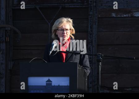 Mairead McGuinness, primo vicepresidente del Parlamento europeo, ha tenuto un discorso, circondato da membri dell'EJA e invitato i parlamentari dell'UE, al memoriale del carro vicino all'ex campo di concentramento nazista di Auschwitz II-Birkenau, durante la seconda giornata della manifestazione "Delegazione ad Auschwitz". Martedì 21 gennaio 2020, nel campo di concentramento di Auschwitz-Birkenau, Oswiecim, Polonia. (Foto di Artur Widak/NurPhoto) Foto Stock