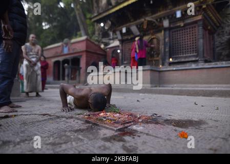 I devoti indù nepalesi rotolano intorno al farping durante il festival Narayan di Madhav o Swasthani Brata Katha al tempiale di Pashupathnath, Kathmandu, Nepal il sabato 25 gennaio 2020. Le donne indù nepalesi osservano un digiuno e pregano la Dea Swasthani per la lunga vita dei loro mariti e la prosperità della famiglia durante una festa di digiuno di un mese. (Foto di Narayan Maharjan/NurPhoto) Foto Stock