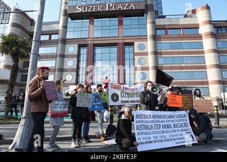 Gli attivisti della Animal Freedom Initiative hanno protestato contro l'Australia, che secondo loro stava progettando di uccidere cammelli e gatti, prima del Consolato Generale Australiano a Istanbul, in Turchia, il 26 gennaio 2020. (Foto di Onur Dogman/NurPhoto) Foto Stock