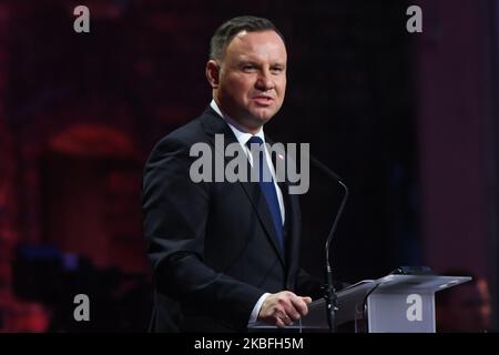 Il presidente polacco Andrzej Duda durante il suo discorso alla cerimonia ufficiale che segna il 75th° anniversario della liberazione dell'ex campo di concentramento e sterminio nazista Auschwitz II - Birkenau. Lunedì 27 gennaio 2020, nel campo di concentramento di Auschwitz II-Birkenau, Oswiecim, Polonia. (Foto di Artur Widak/NurPhoto) Foto Stock