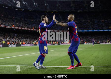 10 Lionel Messi from Argentina of FC Barcelona celebrating a goal with 22 Arturo Vidal from Chile of FC Barcelona during the Spanish Copa del Rey match between FC Barcelona and Leganes at Camp Nou on January 30, 2020 in Barcelona, Spain. (Photo by Xavier Bonilla/NurPhoto) Stock Photo