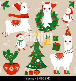 Cute llamas in Christmas costumes, Christmas tree, presents and other Christmas objects. Vector Illustration set Illustrazione Vettoriale