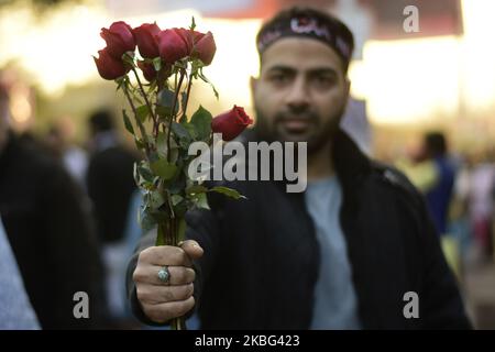 Un cittadino indiano detiene rose durante una protesta contro il controverso Citizenship Amendment Act (CAA), il National Register of Citizenship (NRC) e il National Population Register (NRP) nella zona di Shaheen Bagh a Nuova Delhi, in India, il 02 febbraio 2020. La legge concede la cittadinanza indiana ai rifugiati delle comunità indù, cristiana, sikh, buddista e parsi che fuggono dalle persecuzioni religiose del Pakistan, dell'Afghanistan e del Bangladesh e di quelle entrate in India il 31 dicembre 2014 o prima. Il Parlamento aveva approvato il progetto di legge sulla cittadinanza (emendamento) del 2019 e divenne atto dopo aver ricevuto il parere conforme f Foto Stock