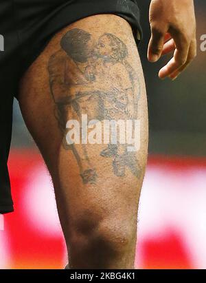 Manchester City's Raheem Sterling tattoo on his left leg during Premier League match between Tottenham Hotspur and Manchester City on February 02 2020 at The Tottenham Hotspur Stadium, London, England. (Photo by Action Foto Sport/NurPhoto) Stock Photo