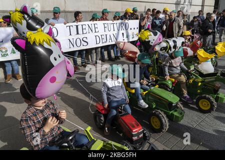 Bambini con trattori giocattolo e palloncini davanti al banner con lo slogan "il campo ha un futuro se ci lasciano" durante la protesta che le organizzazioni agrarie della Cantabria ASAJA, UGAM e UPA si sono riuniti a Santander per consegnare un manifesto con i loro problemi al delegato del governo in Cantabria, il 3 febbraio 2020. (Foto di Joaquin Gomez Sastre/NurPhoto) Foto Stock