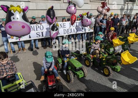 Bambini con trattori giocattolo e palloncini davanti al banner con lo slogan "il campo ha un futuro se ci lasciano" durante la protesta che le organizzazioni agrarie della Cantabria ASAJA, UGAM e UPA si sono riuniti a Santander per consegnare un manifesto con i loro problemi al delegato del governo in Cantabria, il 3 febbraio 2020. (Foto di Joaquin Gomez Sastre/NurPhoto) Foto Stock