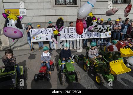 Bambini con trattori giocattolo e palloncini davanti al banner con lo slogan "il campo ha un futuro se ci lasciano" durante la protesta che le organizzazioni agrarie della Cantabria ASAJA, UGAM e UPA si sono riuniti a Santander per consegnare un manifesto con i loro problemi al delegato del governo in Cantabria, il 3 febbraio 2020. (Foto di Joaquin Gomez Sastre/NurPhoto) Foto Stock