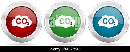 Carbon dioxide vector icon set. Red, blue and green silver metallic web buttons with chrome border Stock Vector