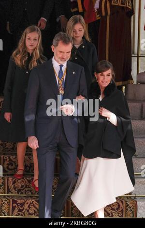 Re Felipe di Spagna, Principessa Leonor di Spagna, Regina Letizia di Spagna, e Principessa Leonor di Spagna partecipano alla solenne apertura della legislatura 14th al Parlamento spagnolo il 03 febbraio 2020 a Madrid, Spagna. (Foto di Oscar Gonzalez/NurPhoto) Foto Stock