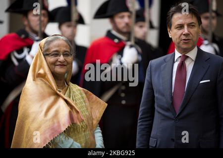 Italy's Prime Minister Giuseppe Contes welcomes Sheikh Hasina Prime Minister of Bangladesh at Chigi Palace in Rome, Italy on February 5, 2020. (Photo by Christian Minelli/NurPhoto) Stock Photo