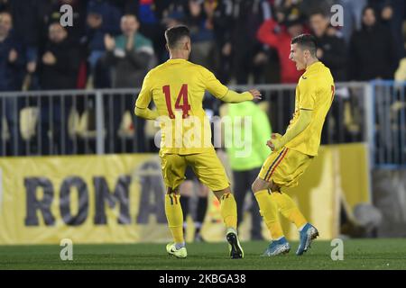 Valentin Mihaila di Romania U21 festeggia durante il gioco del campionato UEFA U21 tra Romania U21 contro Finlandia U21, a Voluntari, Romania, il 14 novembre 2019. (Foto di Alex Nicodim/NurPhoto) Foto Stock