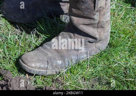 vecchi stivali militari con alti piani sul prato Foto Stock