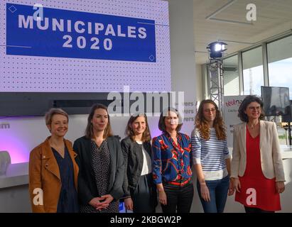 Da sinistra a destra: Laurence Garnier (Les RÃ publicains), Julie Laernoes (Europe Ecologie Les Verts - ELV), Ã©onore Revel (Rassemblement National), Johanna Rolland (Partito socialista), Margot Medkour (Nantes in comune) e lÃ ValÃ©rie Oppelt (Larem) , candidati che si candidano per il sindaco di Nantes (Francia) durante le elezioni comunali del 15 e 22 marzo 2020. Foto scattata il 12 febbraio 2020 durante il dibattito organizzato dai media locali. (Foto di Estelle Ruiz/NurPhoto) Foto Stock