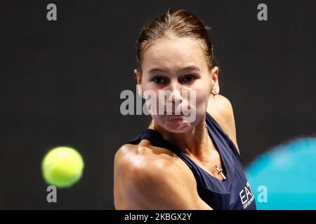 Veronika Kudermetova of Russia in action during her WTA St. Petersburg Ladies Trophy 2020 tennis tournament Round of 16 match against Kiki Bertens of Netherlands on February 13, 2020 in Saint Petersburg, Russia. (Photo by Mike Kireev/NurPhoto) Stock Photo