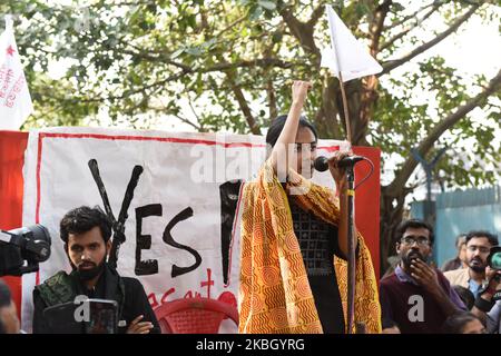 Il 14 febbraio 2020 a Kolkata, in India, il presidente della JNUSU si è Unito al raduno degli studenti per sostenere i candidati della SFI (Federazione degli studenti dell'India) per le prossime elezioni generali degli studenti all'Università di Jadavpur. (Foto di Sukhomoy Sen/NurPhoto) Foto Stock