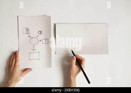 Il grafico è disegnato a mano su carta bianca su sfondo bianco. Luogo per il testo e le schede, piano e statistiche per il commercio come priorità bassa.Statistiche Foto Stock