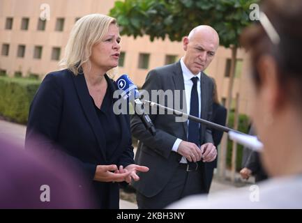 01 November 2022, Qatar, Doha: Nancy Faeser (SPD), Federal Minister of the Interior and Home Affairs, and Bernd Neuendorf, DFB President, make a statement on the sidelines of the DFB's Future Leaders in Football project. Faeser is traveling to host country Qatar in her capacity as sports minister ahead of the World Cup. The trip will focus on the human rights issues being discussed around the tournament, such as the protection of queer people from discrimination and persecution, and the responsibility for migrant workers who built the World Cup stadiums. Photo: Britta Pedersen/dpa Stock Photo