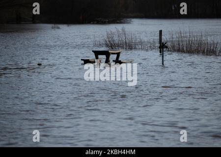 Alluvione sulla terra adiacente al fiume Weaver a Nantwich, Regno Unito, Domenica 16 Febbraio 2020. Il fiume Weaver a Nantwich, Regno Unito, ha fatto esplodere le sue rive e ha allagato le terre adiacenti che circondano il corso del fiume Weaver a causa delle forti piogge causate dalla Storm Dennis. (Foto di Jonathan Nicholson/NurPhoto) Foto Stock