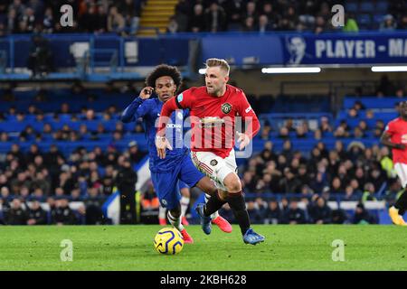 Luke Shaw during the Premier League match between Chelsea FC and Manchester United at Stamford Bridge on February 17, 2020 in London, United Kingdom. (Photo by MI News/NurPhoto) Stock Photo