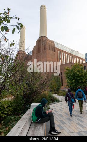 Londra. UK- 11.02.2022.The area esterna della centrale elettrica di Battersea con i visitatori che si rilassano o camminano intorno. Foto Stock