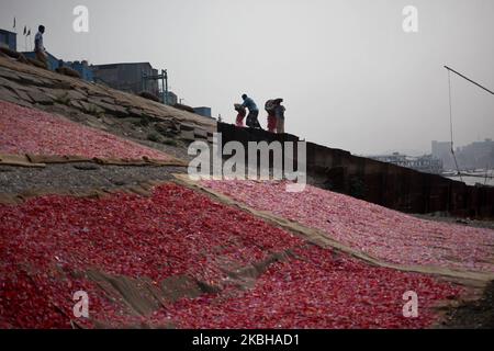 I lavoratori hanno sparso i trucioli di plastica riciclata dopo il lavaggio nel fiume Buriganga a Dhaka, Bangladesh il Giovedi, 20,2020 febbraio. Il fiume Buriganga, che scorre dalla città di Dhaka, è oggi uno dei fiumi più inquinati del mondo a causa del dilagante dumping di sprechi umani e industriali. (Foto di Syed Mahamudur Rahman/NurPhoto) Foto Stock