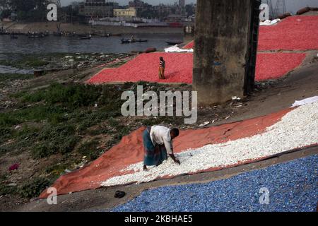 I lavoratori hanno sparso i trucioli di plastica riciclata dopo il lavaggio nel fiume Buriganga a Dhaka, Bangladesh il Giovedi, 20,2020 febbraio. Il fiume Buriganga, che scorre dalla città di Dhaka, è oggi uno dei fiumi più inquinati del mondo a causa del dilagante dumping di sprechi umani e industriali. (Foto di Syed Mahamudur Rahman/NurPhoto) Foto Stock