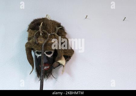 Particolare di una maschera e di un bastone di uno dei partecipanti all'Antruido de Riaño (carnevale pagano che si tiene in questa città di Leon, Spagna, il 22 febbraio 2020). (Foto di Joaquin Gomez Sastre/NurPhoto) Foto Stock