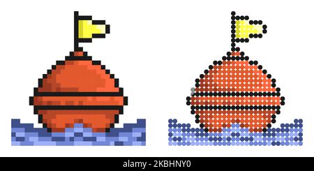 Icona pixel. Boa di mare restrittiva sulle onde. Regolamentazione e sicurezza della navigazione marittima. Semplice vettore di gioco retrò isolato su sfondo bianco Illustrazione Vettoriale