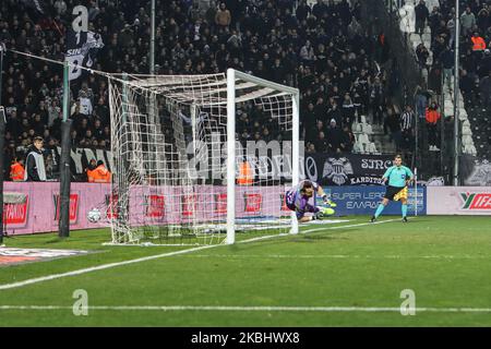 Chuba Amechi Akpom #47 striker of PAOK FC striking his second goal, a penalty goal in the match during PAOK Thessaloniki v OFI Crete FC with final score 4-0 for Super League 1 Greece at Toumba Stadium home of PAOK in Thessaloniki. Akpom scored the first and second (penalty) of PAOK. Chuba Akpom is an English professional footballer striker player with previous career in Arsenal and as a loan to Brentford, Coventry City, Nottingham Forest, Hull City, Brighton, Hove Albion and Sint-Truiden. He had also participations in the young national teams of England U16, U17, U18, U19, U20, U21. February 9 Stock Photo