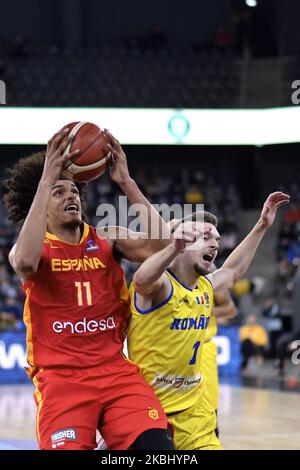 Sebastian Saiz of Spain in action against and Lucas Tohotan of Romania during the FIBA EuroBasket Qualifiers Group Phase Group A match between Romania and Spain, in Cluj Napoca, Romania, on February 20, 2020. (Photo by Alex Nicodim/NurPhoto) Stock Photo