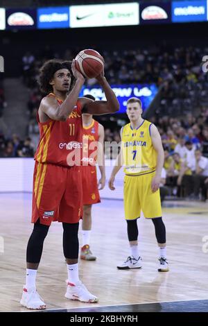 Sebastian Saiz di Spagna in azione durante la FIBA EuroBasket Qualifiers Group Phase Group Una partita tra la Romania e la Spagna, a Cluj Napoca, Romania, il 20 febbraio 2020. (Foto di Alex Nicodim/NurPhoto) Foto Stock