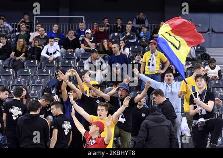 Fans of Romania reacts during the game during the FIBA EuroBasket Qualifiers Group Phase Group A match between Romania and Spain, in Cluj Napoca, Romania, on February 20, 2020. (Photo by Alex Nicodim/NurPhoto) Stock Photo