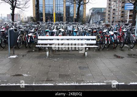 Una panca coperta di neve. Gli olandesi guidano la loro bicicletta, pedalando sulle loro bici dopo la caduta di neve nel freddo. Mucchi di migliaia di biciclette parcheggiate fuori dalla stazione ferroviaria centrale, Eindhoven Centraal. Immagini della vita quotidiana del centro della città dopo la nevicata nella città di Eindhoven il 26 febbraio 2020. La prima neve per l'inverno del 2019-2020 con basse temperature per la zona seguita da pioggia leggera. (Foto di Nicolas Economou/NurPhoto) Foto Stock