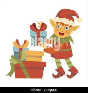 natale elf impilamento presenta in pila di regali vettore carattere natale nuovo anno Illustrazione Vettoriale