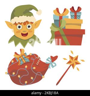 set di immagini vettoriali natale elfo regalo borsa con regali bacchetta magica nuovo anno Illustrazione Vettoriale